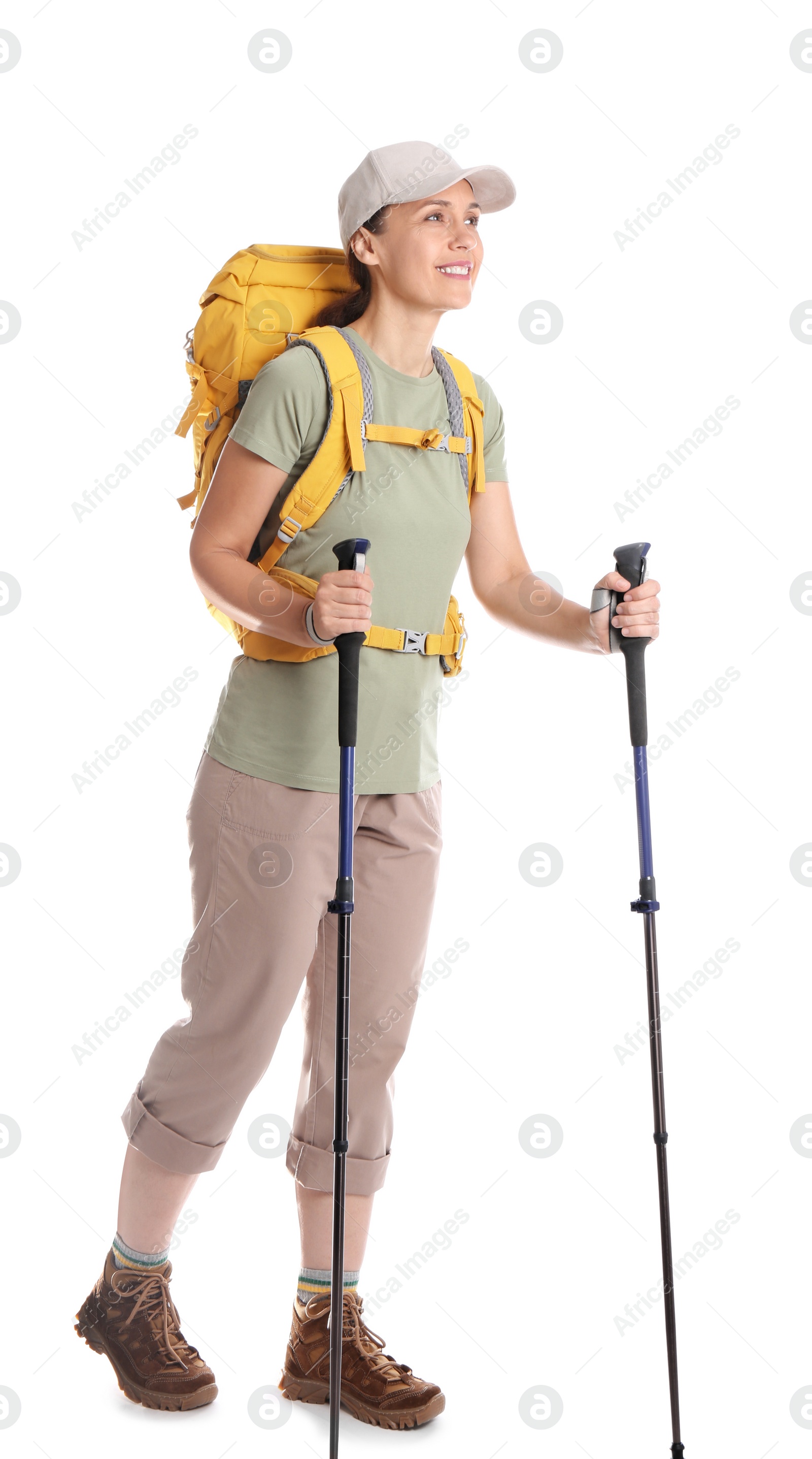 Photo of Female hiker with backpack and trekking poles on white background