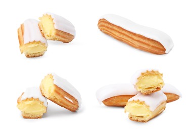 Image of Collage with tasty glazed eclairs on white background