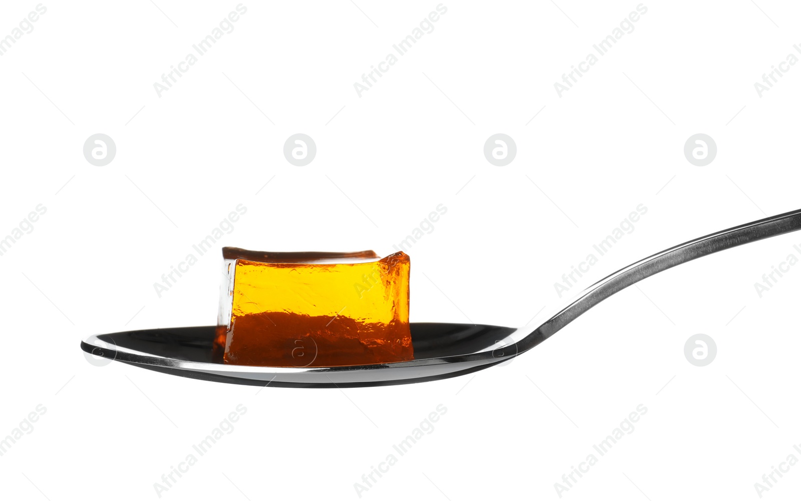 Photo of Spoon with tasty jelly cube isolated on white