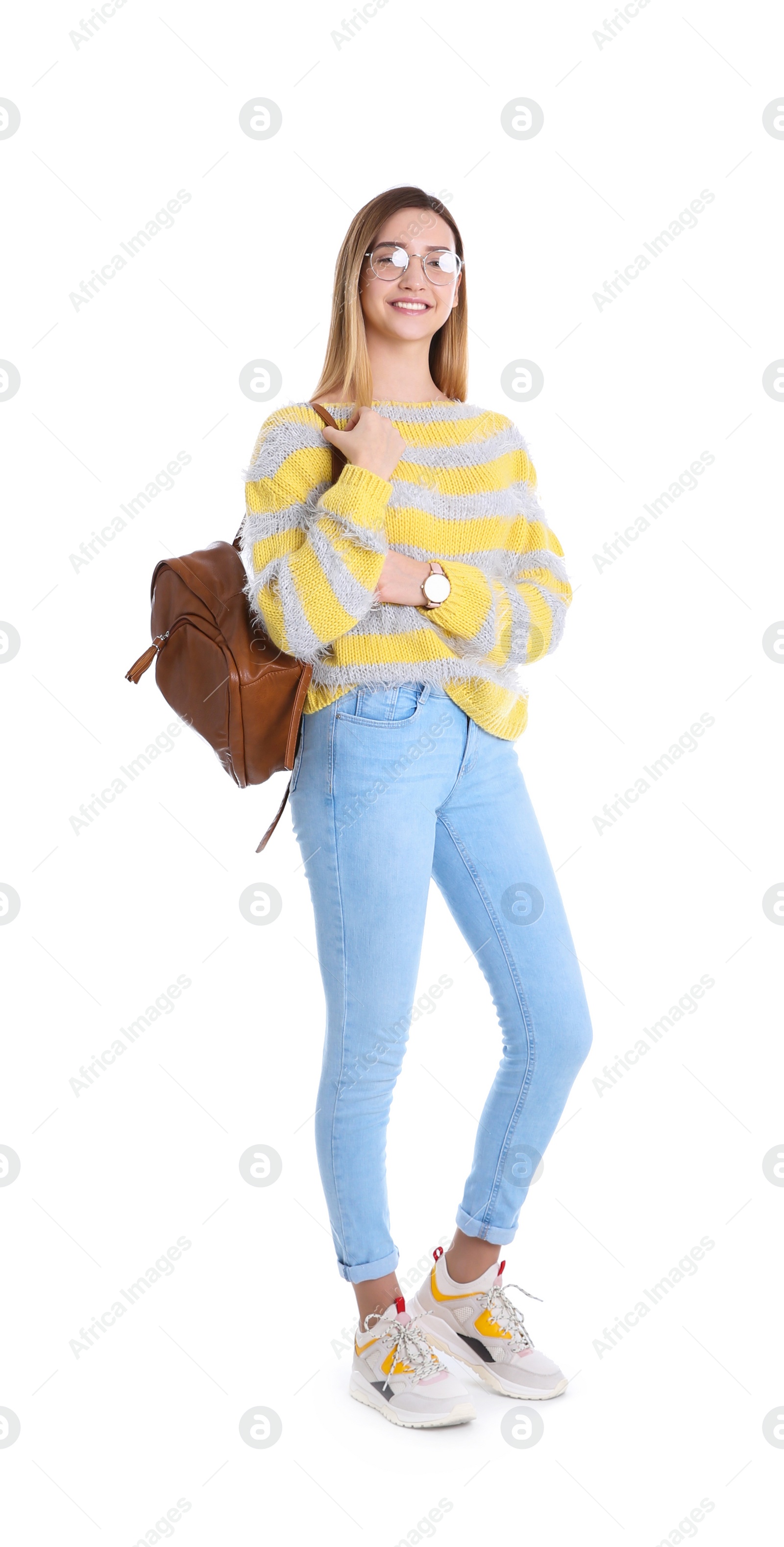 Photo of Teenage girl with backpack on white background