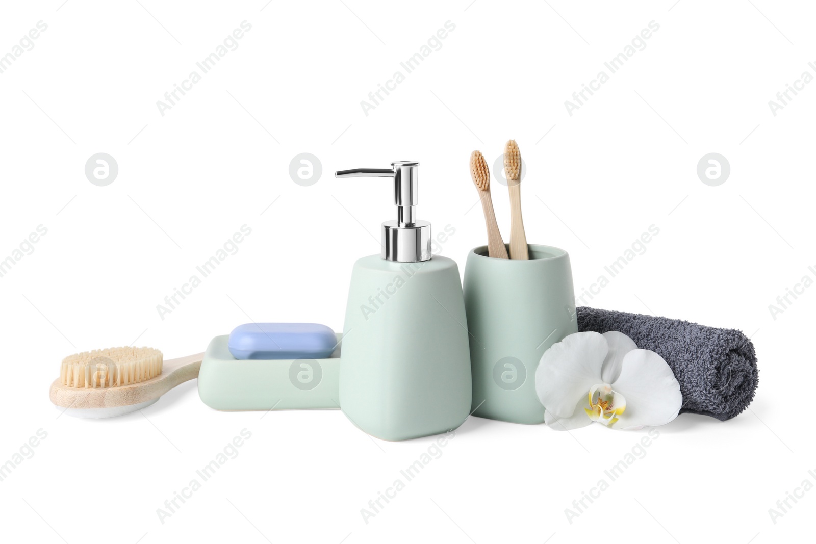 Photo of Bath accessories. Set of different personal care products and flower isolated on white