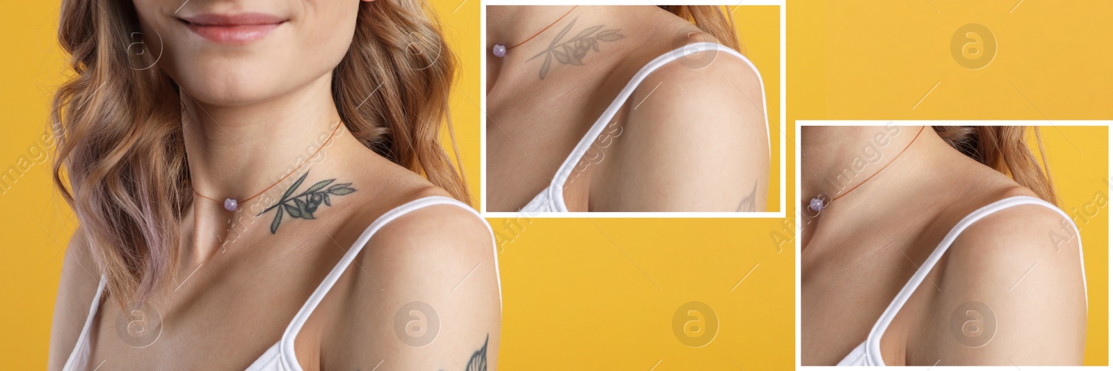 Image of Woman before and after laser tattoo removal procedures on yellow background, closeup. Collage with photos, banner design