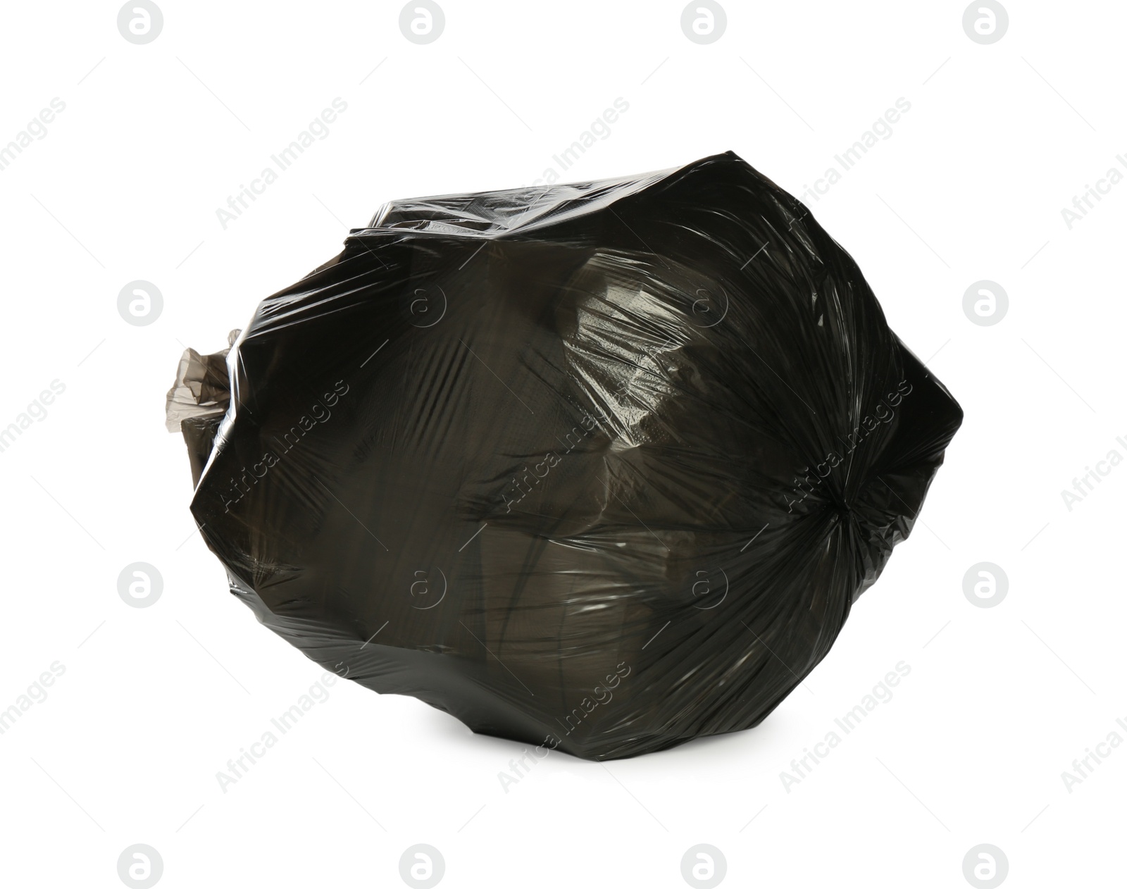 Photo of Black trash bag filled with garbage isolated on white