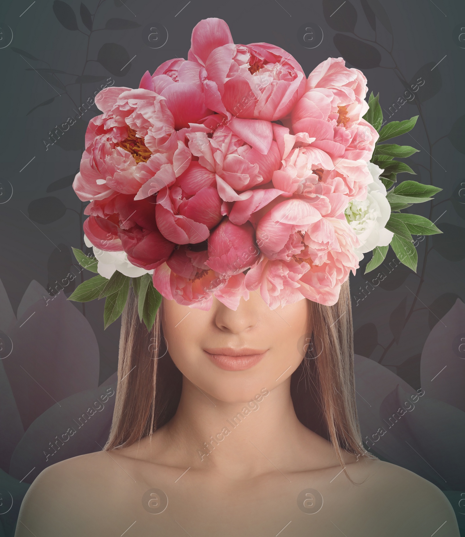 Image of Young woman with beautiful flowers and leaves on color background. Stylish creative collage design