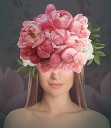Young woman with beautiful flowers and leaves on color background. Stylish creative collage design