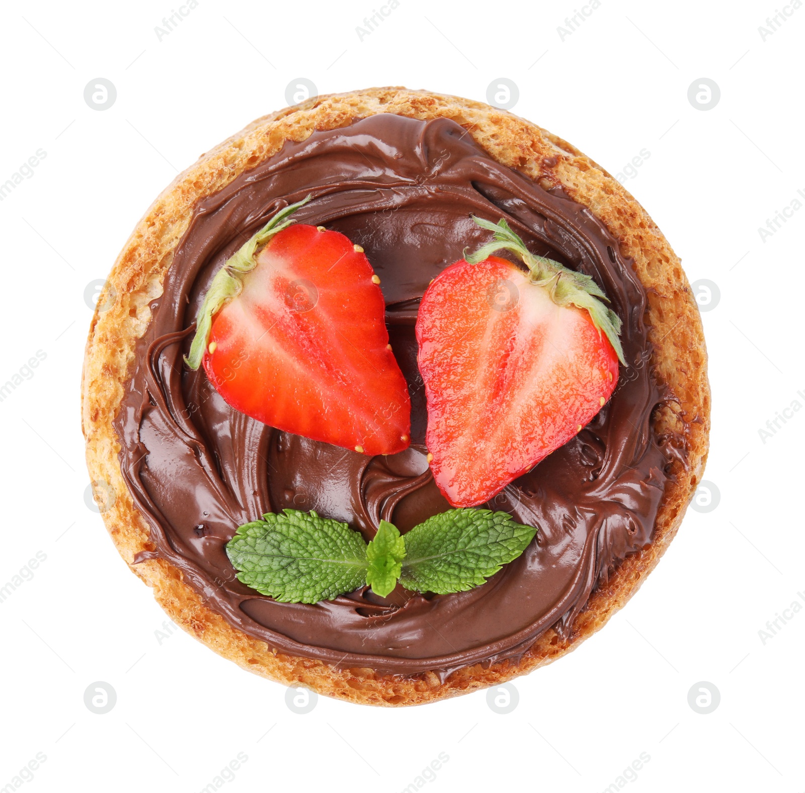 Photo of Tasty organic rusk with chocolate spread, strawberry and mint isolated on white, top view