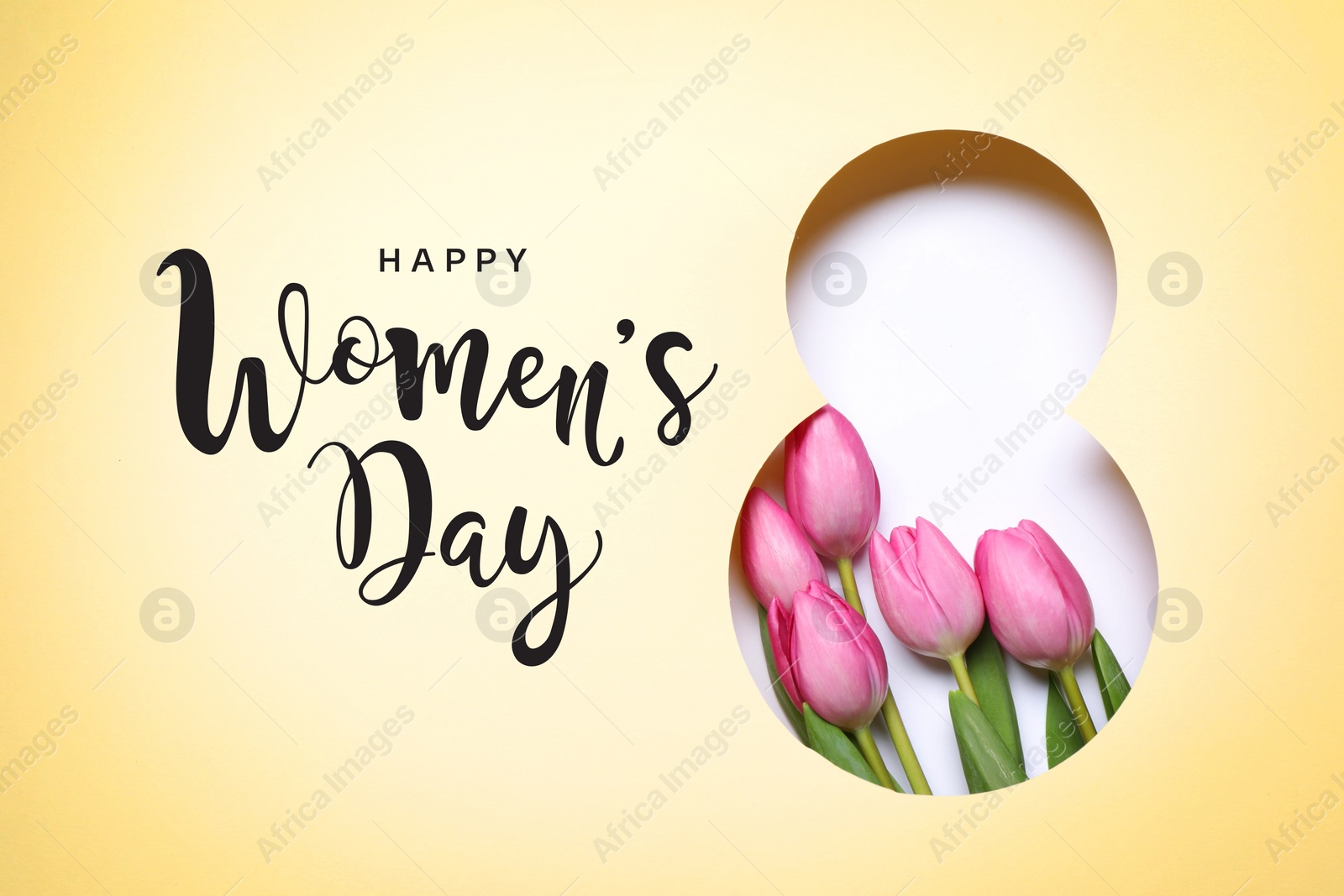 Image of 8 March - Happy International Women's Day. Greeting card design with tulip flowers, top view