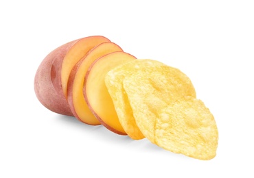 Raw potato and tasty chips on white background