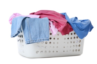 Laundry basket with dirty clothes isolated on white