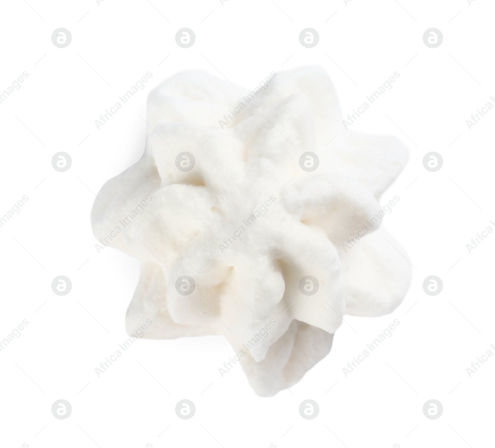 Photo of Delicious whipped cream isolated on white, top view