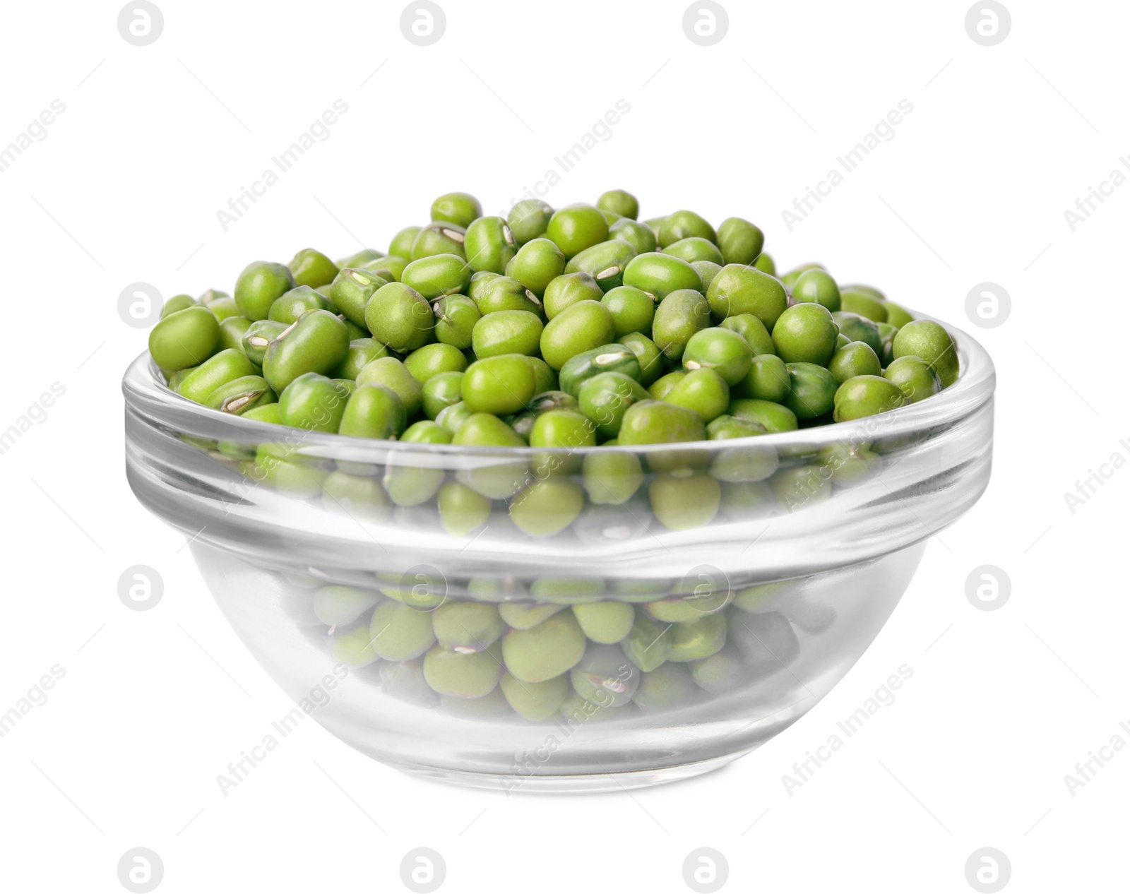 Photo of Glass bowl with green mung beans isolated on white. Organic grains