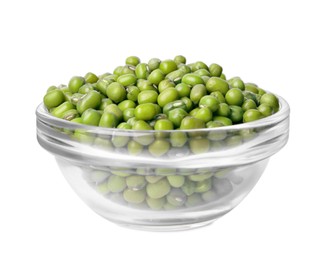 Photo of Glass bowl with green mung beans isolated on white. Organic grains