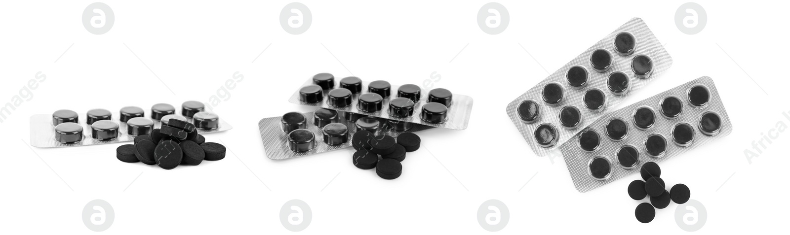 Image of Set with activated charcoal pills on white background, banner design. Potent sorbent