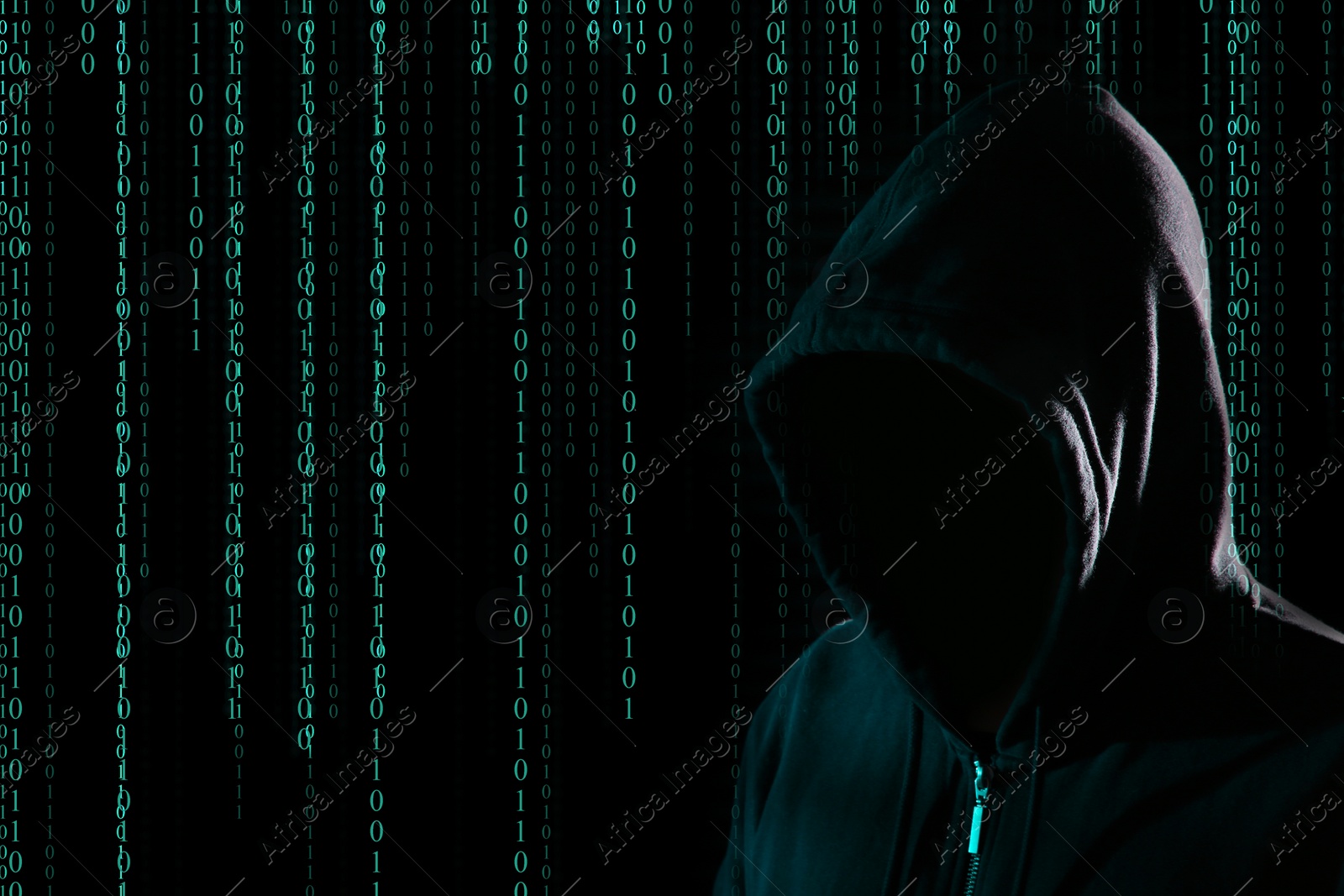 Image of Hacker and digital binary code on dark background. Cyber crime concept