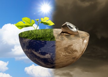 Image of Environmental pollution. Collage divided into clean and contaminated Earth against sky. Halved globe with green seedling and grass on one side and cracked soil with crumpled can on the other