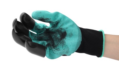 Photo of Woman in claw gardening glove on white background, closeup