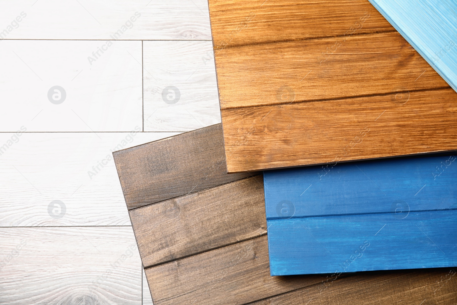 Photo of Different wooden surfaces for photography, flat lay. Stylish photo background