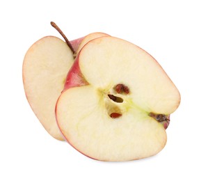 Photo of Halves of ripe red apple on white background