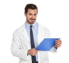 Photo of Young male doctor with clipboard on white background. Medical service