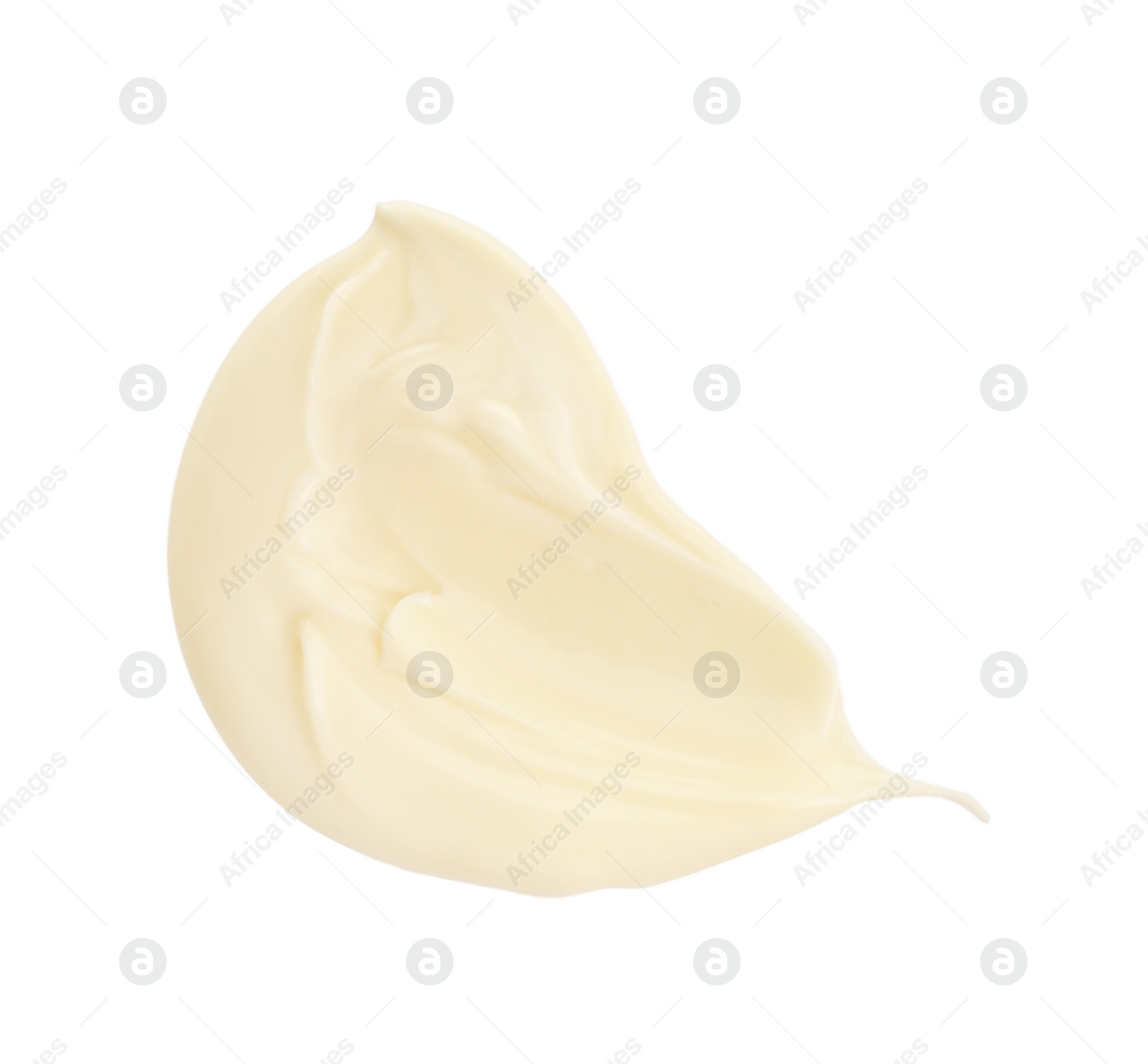 Photo of Tasty fresh mayonnaise sauce isolated on white, top view