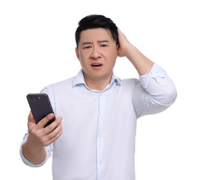 Photo of Confused businessman in formal clothes with phone on white background