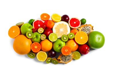 Different ripe fruits and berries isolated on white, top view