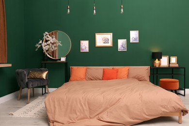 Stylish bedroom with modern furniture. Interior design