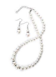 Photo of Elegant pearl necklace and earrings on white background, top view
