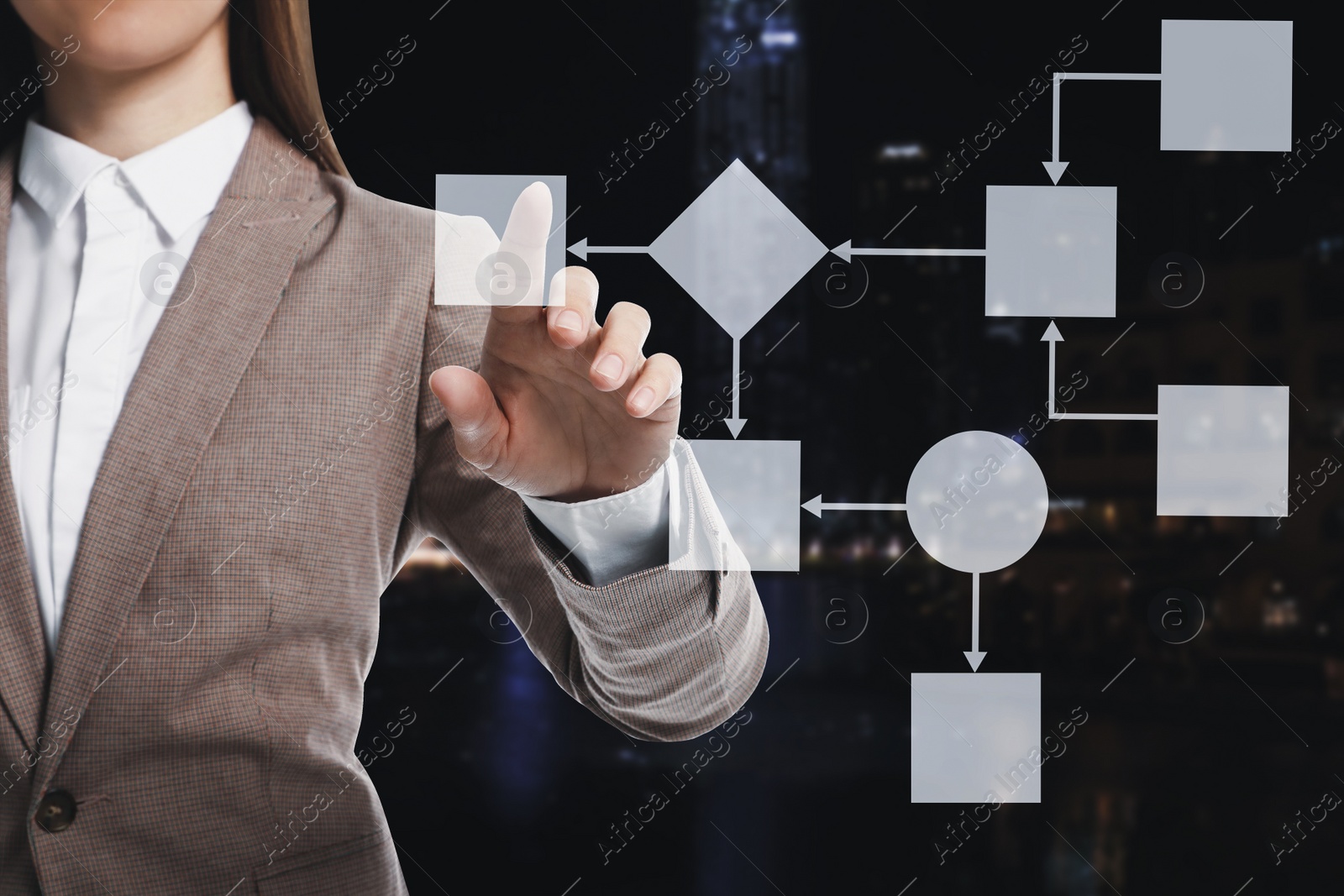 Image of Woman pointing at flowchart on virtual screen against blurred background, closeup. Business process