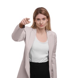 Photo of Beautiful business woman pointing on white background