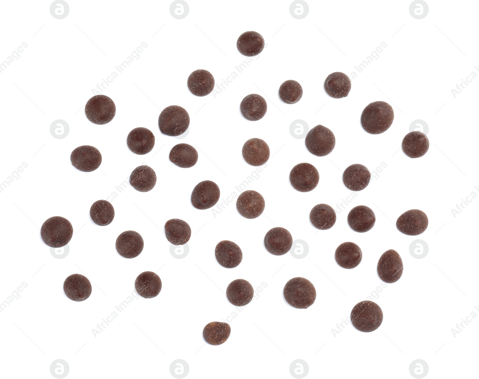 Photo of Delicious dark chocolate chips on white background, flat lay