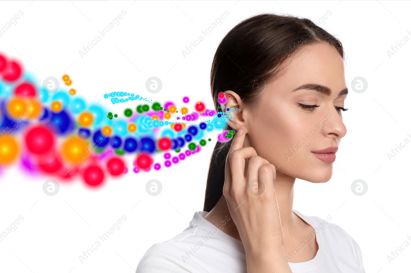 Image of Beautiful woman and sound waves illustration on white background. Hearing concept