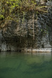 Photo of Picturesque view of clean river near cliffs and plants outdoors