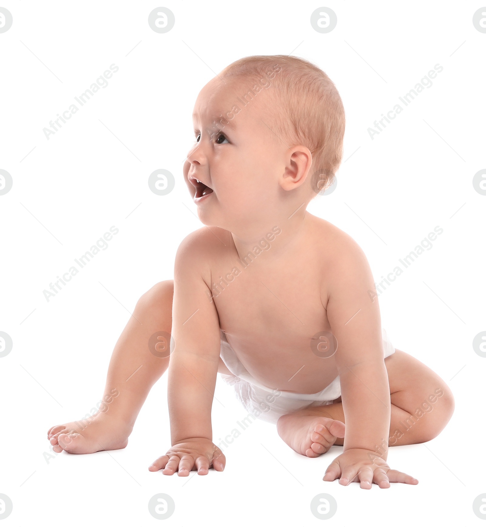 Photo of Cute little baby crawling on white background