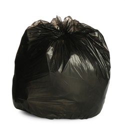 Black trash bag filled with garbage isolated on white