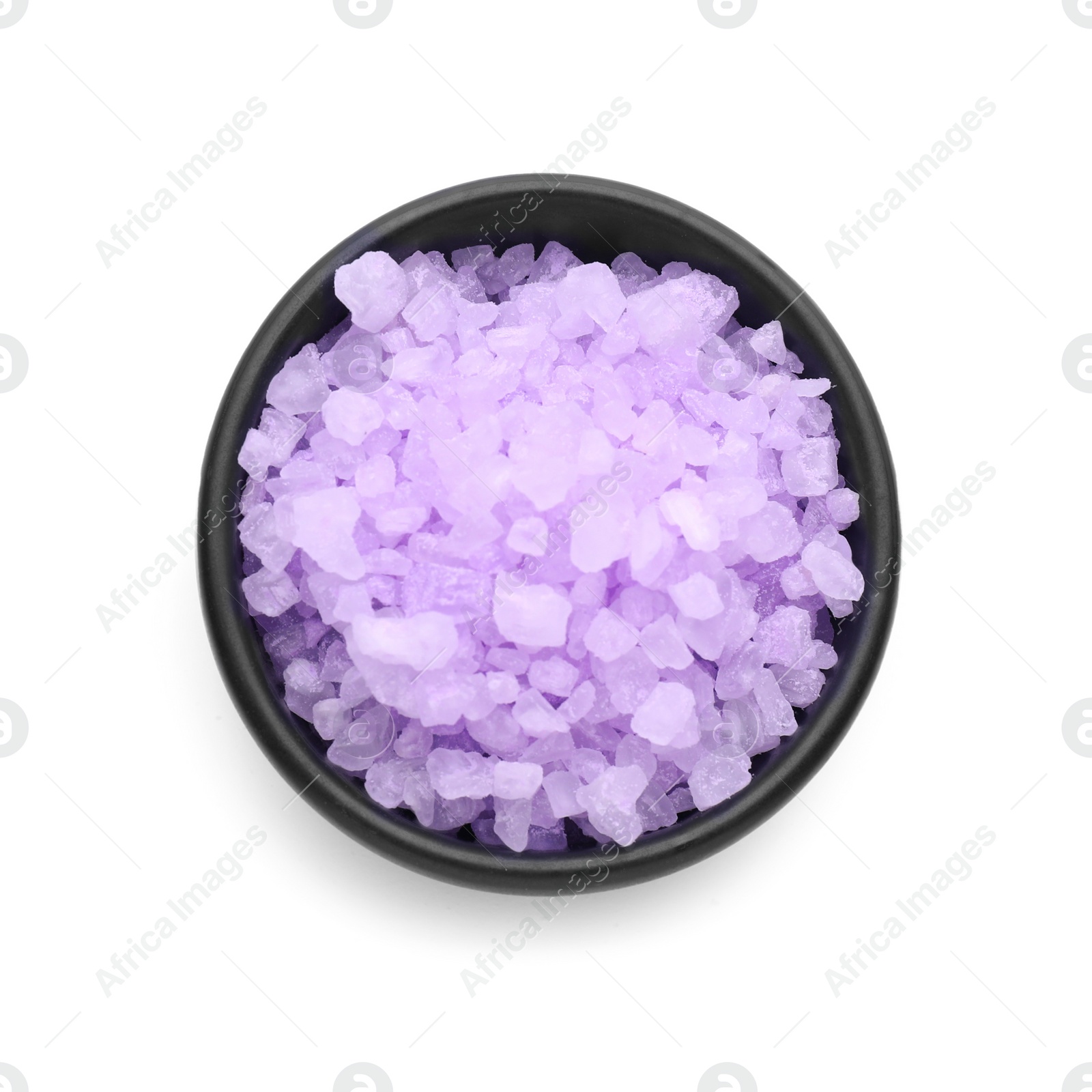 Photo of Bowl with violet sea salt isolated on white, top view