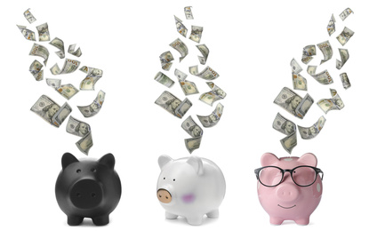 Image of Money falling into different piggy banks on white background 