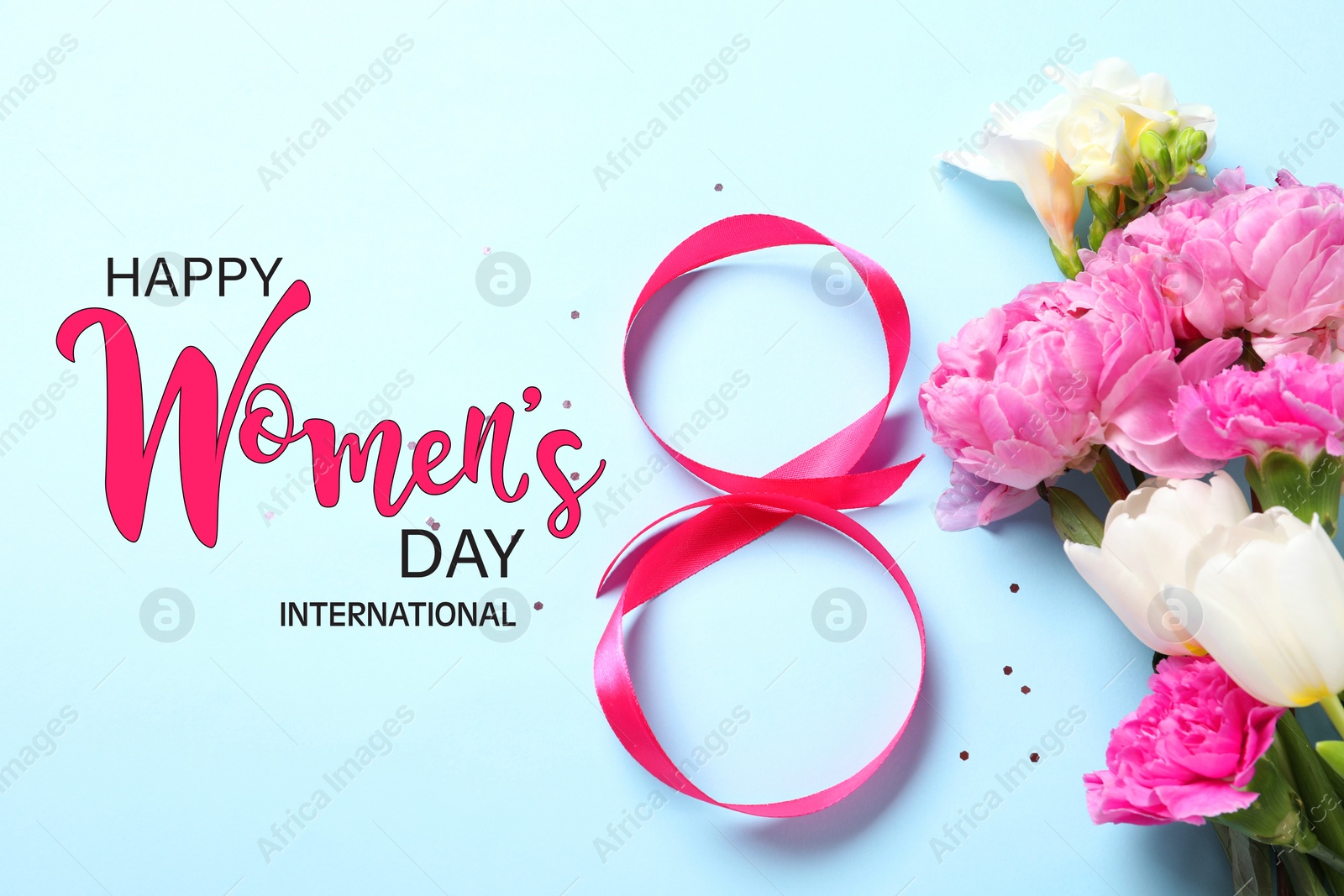 Image of 8 March - Happy International Women's Day. Greeting card design with bouquet of flowers and ribbon on light blue background, top view