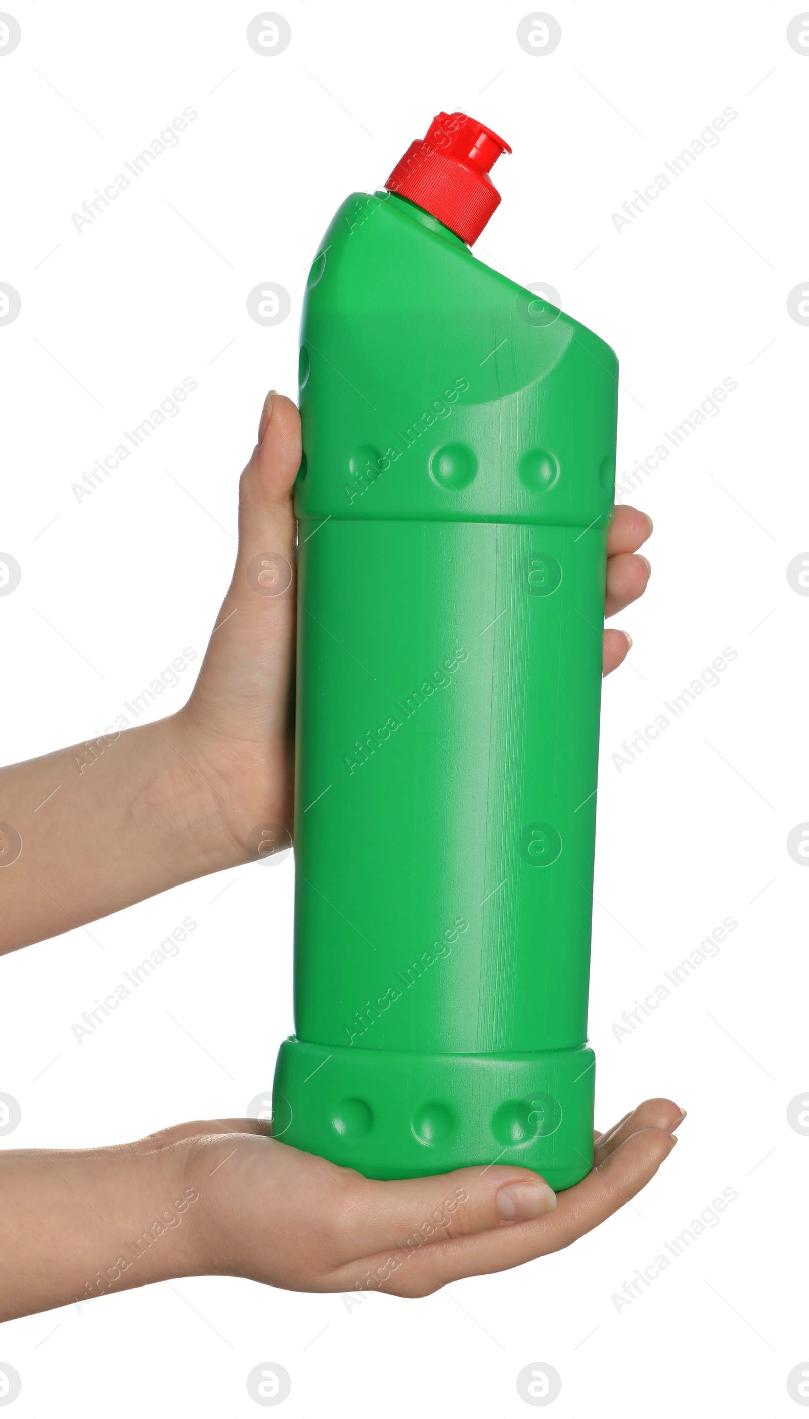 Photo of Woman holding bottle of liquid toilet cleaner on white background, closeup