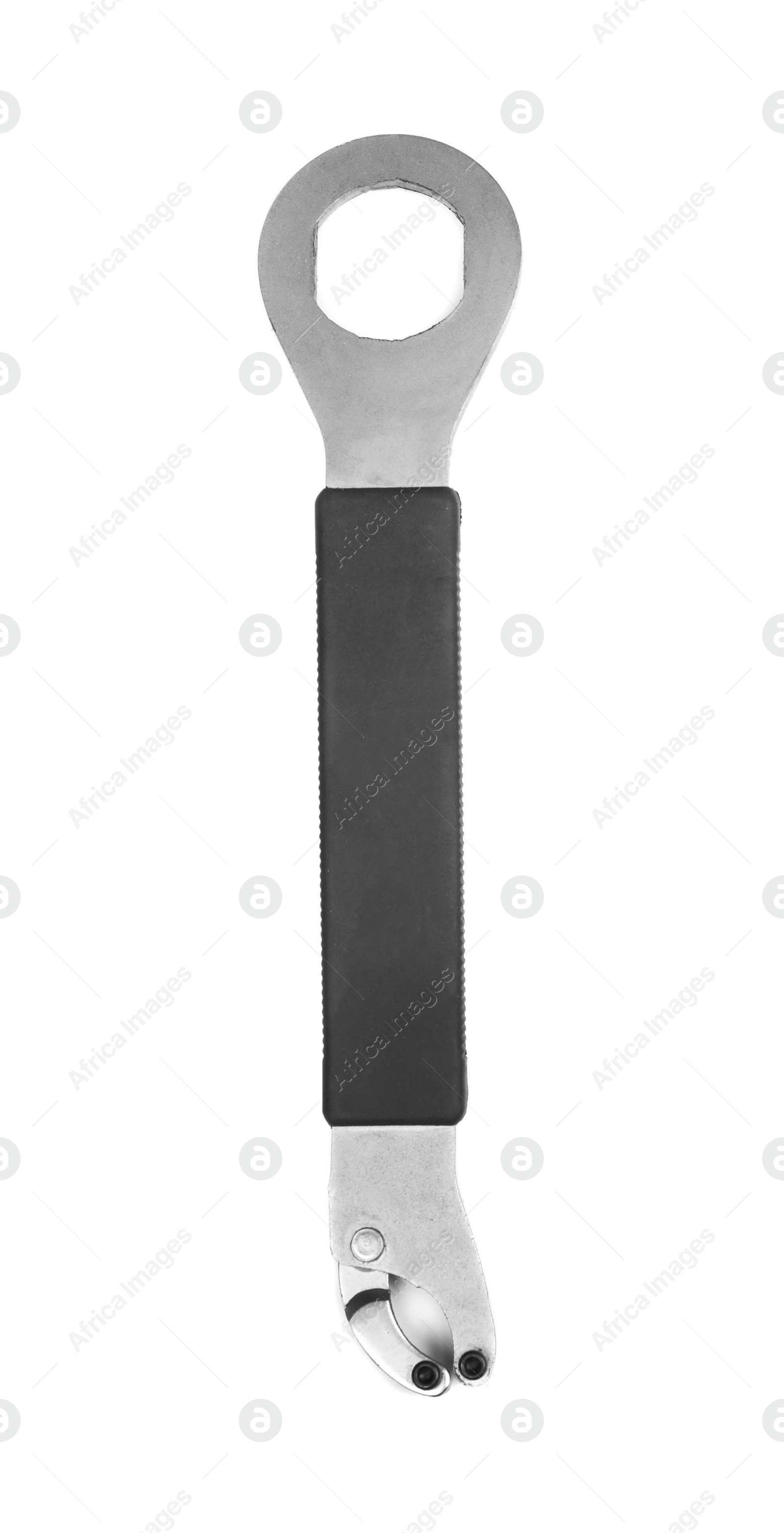 Photo of Tool for bicycle repair on white background, top view