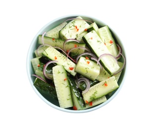 Photo of Delicious cucumber salad with onion in bowl on white background, top view