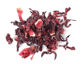 Photo of Pile of dry hibiscus tea isolated on white, top view