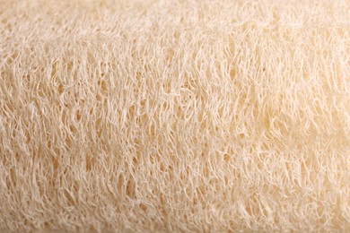 Photo of Loofah sponge as background, closeup. Personal hygiene product