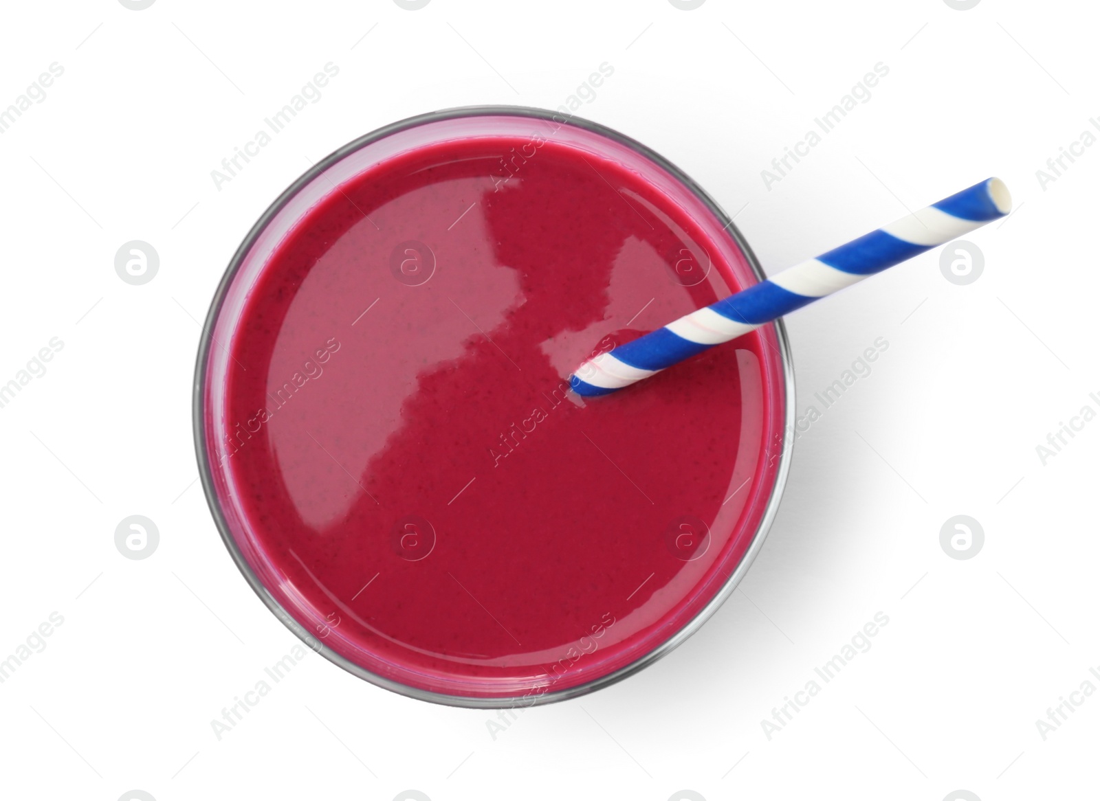 Photo of Glass with delicious detox smoothie on white background, top view