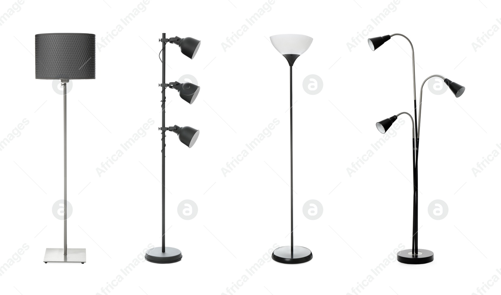 Image of Set with different stylish floor lamps on white background