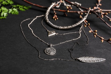 Photo of Different necklaces and pendants with branches on black background. Luxury jewelry