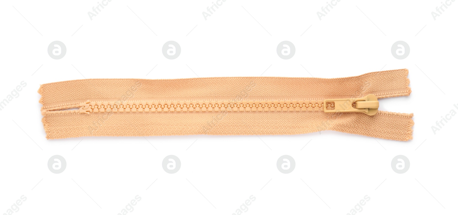 Photo of Beige zipper isolated on white, top view