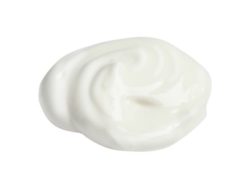 Photo of Sample of creamy yogurt on white background