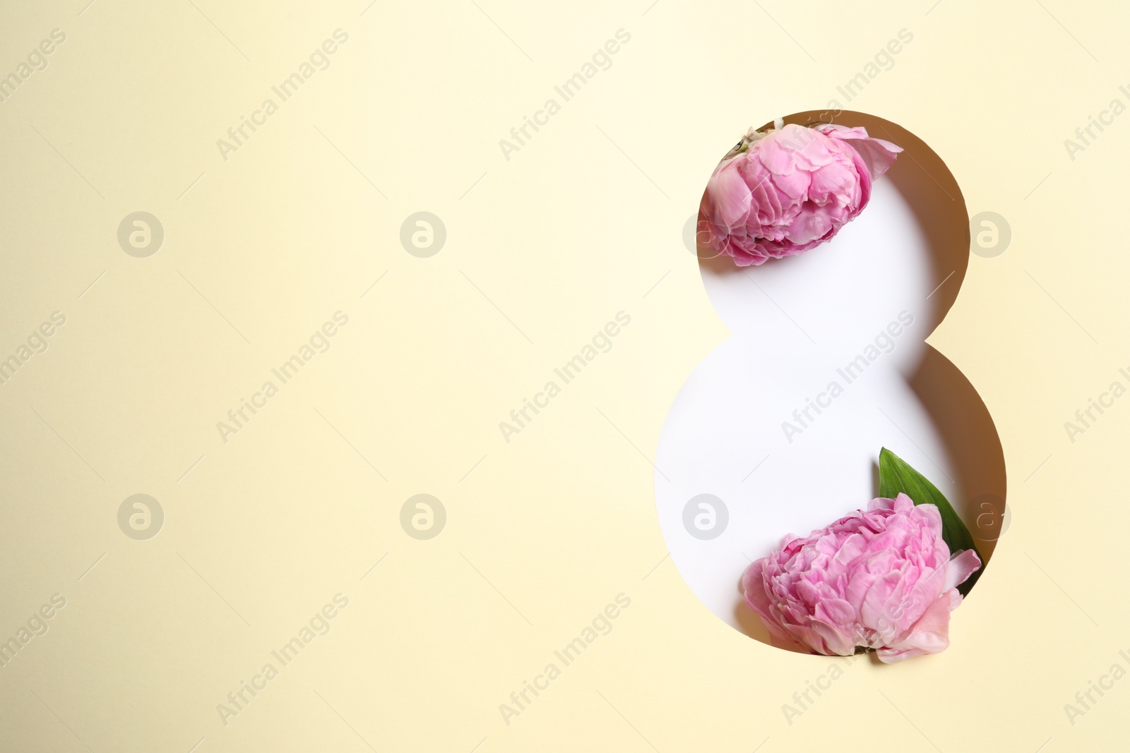 Photo of 8 March greeting card design with pink peony flowers and space for text, top view. Happy International Women's Day
