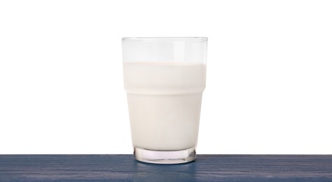 One glass of tasty milk on blue wooden table against white background